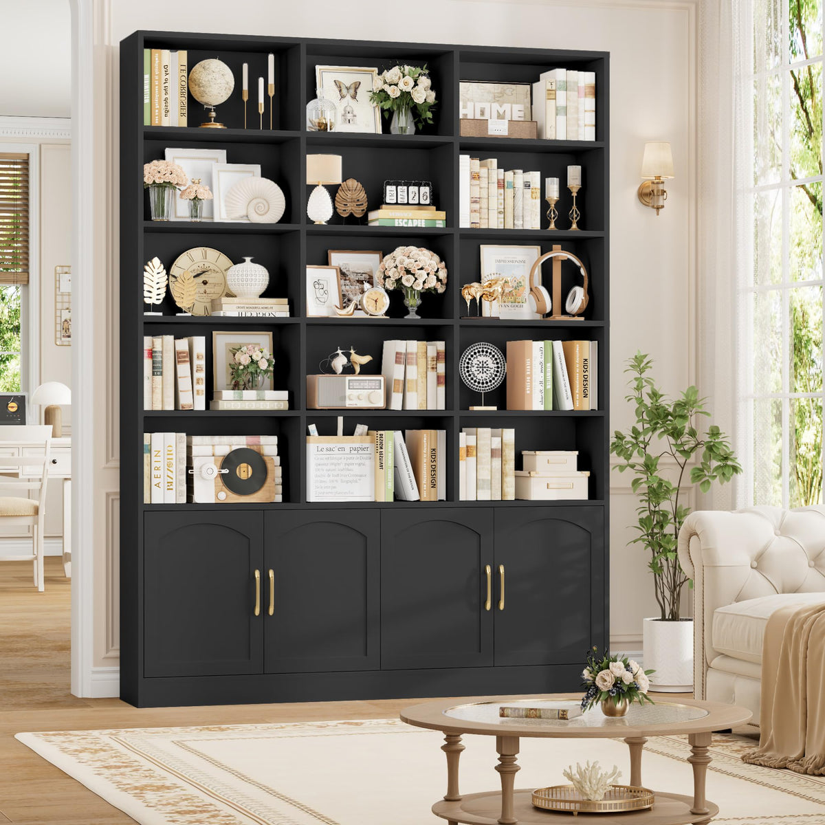 82.3" Triple Wide Bookshelf with 4 Doors, Black N24152