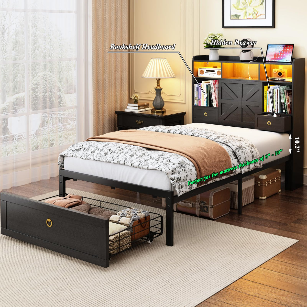 Black Twin Bed Frame with Storage Headboard and Drawers W4843