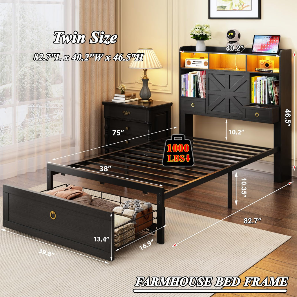 Black Twin Bed Frame with Storage Headboard and Drawers W4843