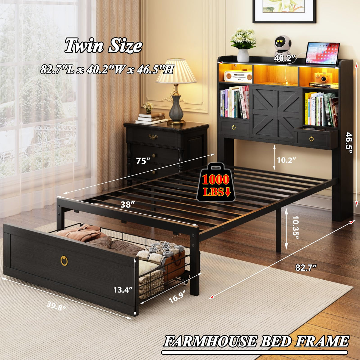 Black Twin Bed Frame with Storage Headboard and Drawers W4843