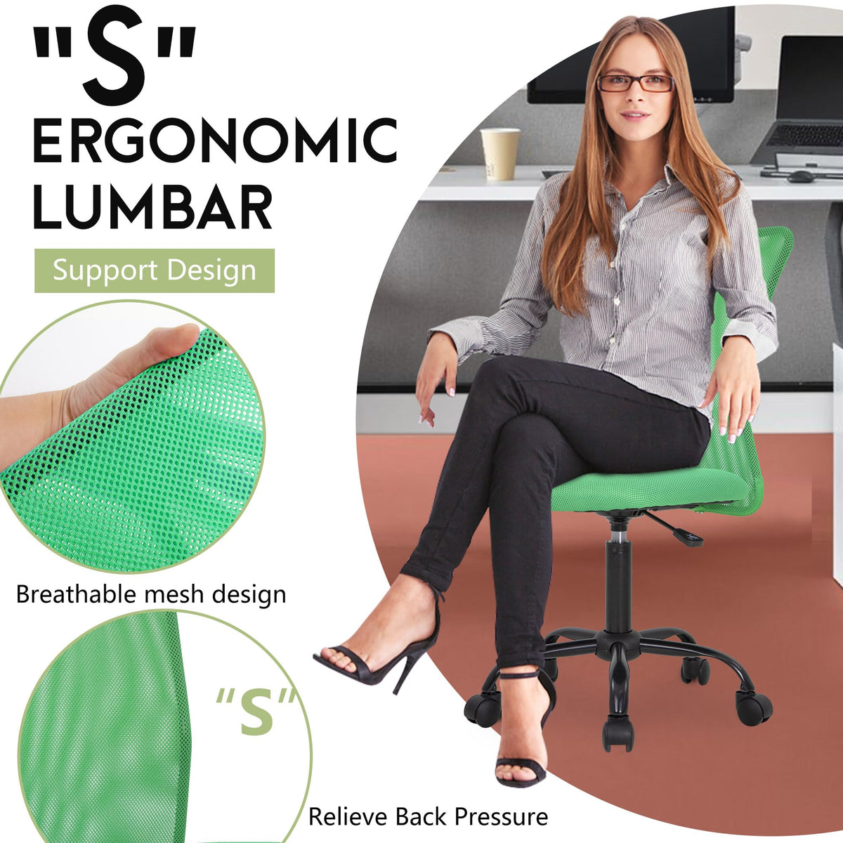 Green Ergonomic Mesh Office Chair with Lumbar Support W750