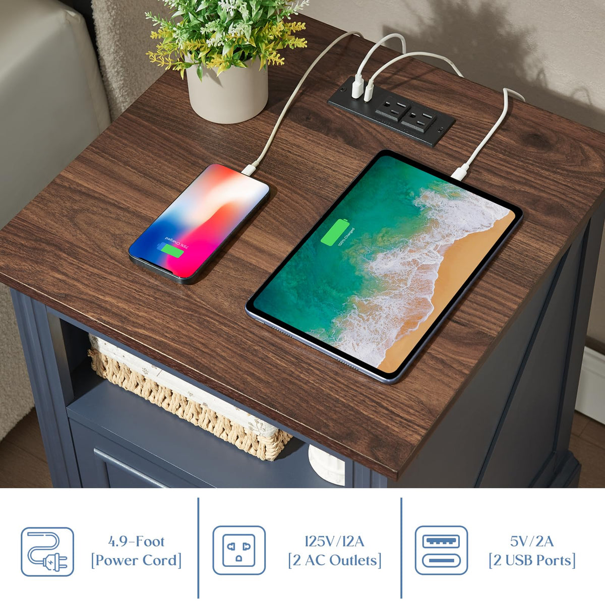 Blue 2 Drawer Nightstand with Charging Station M412