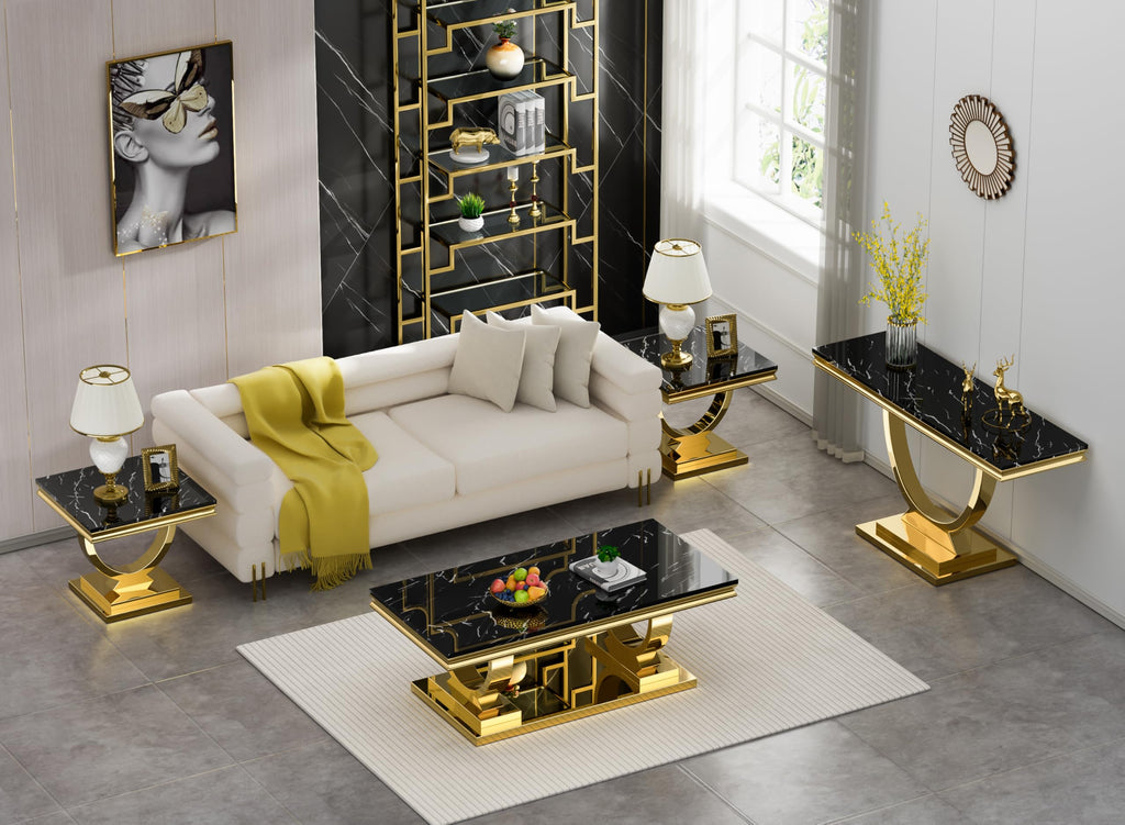 47" Black Faux Marble Coffee Table with Gold Pedestal Base T1499