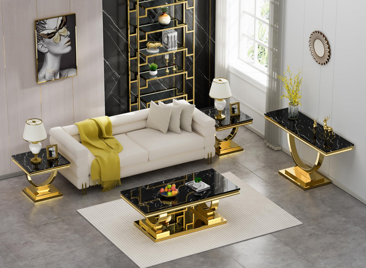 47" Black Faux Marble Coffee Table with Gold Pedestal Base T1499