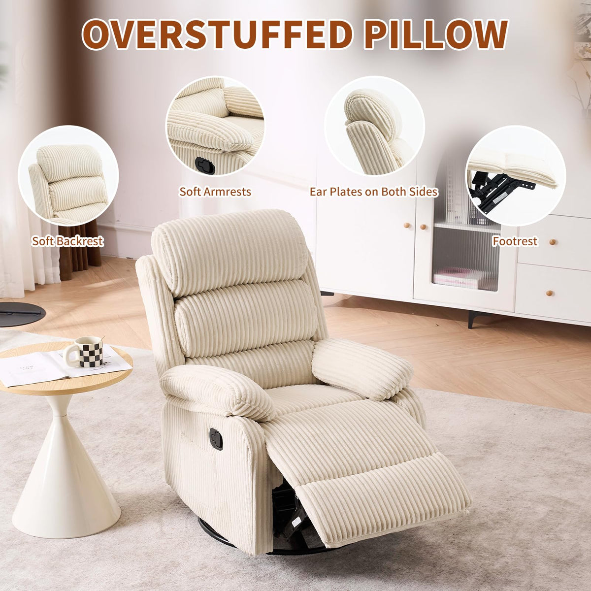 Beige Velvet Rocking Recliner Chair with Side Pocket N402