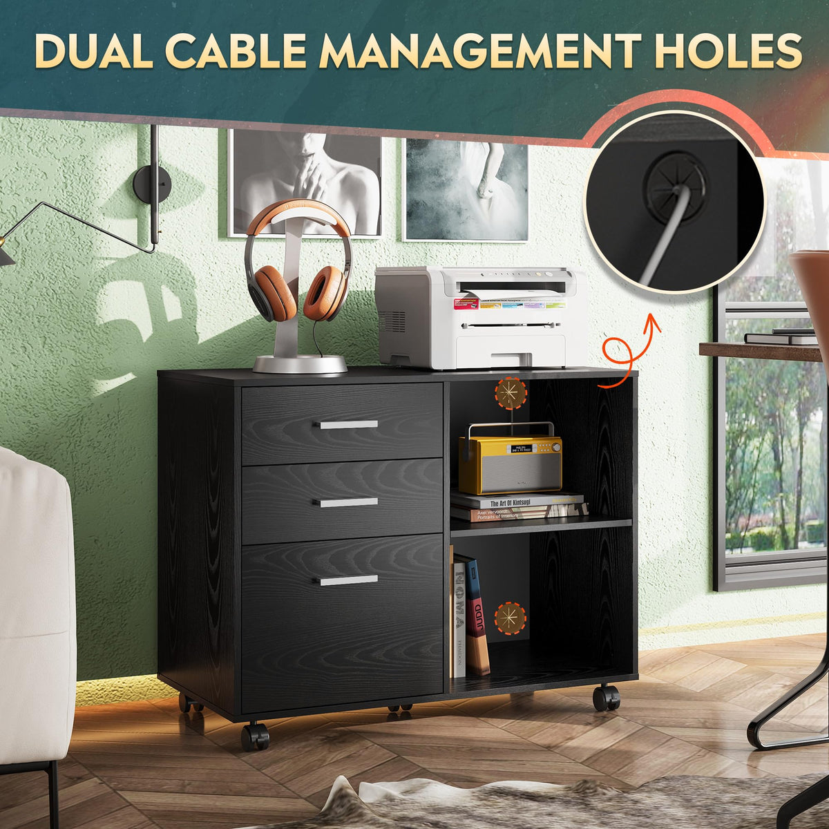 Wood 3 Drawer Black File Cabinet R266962