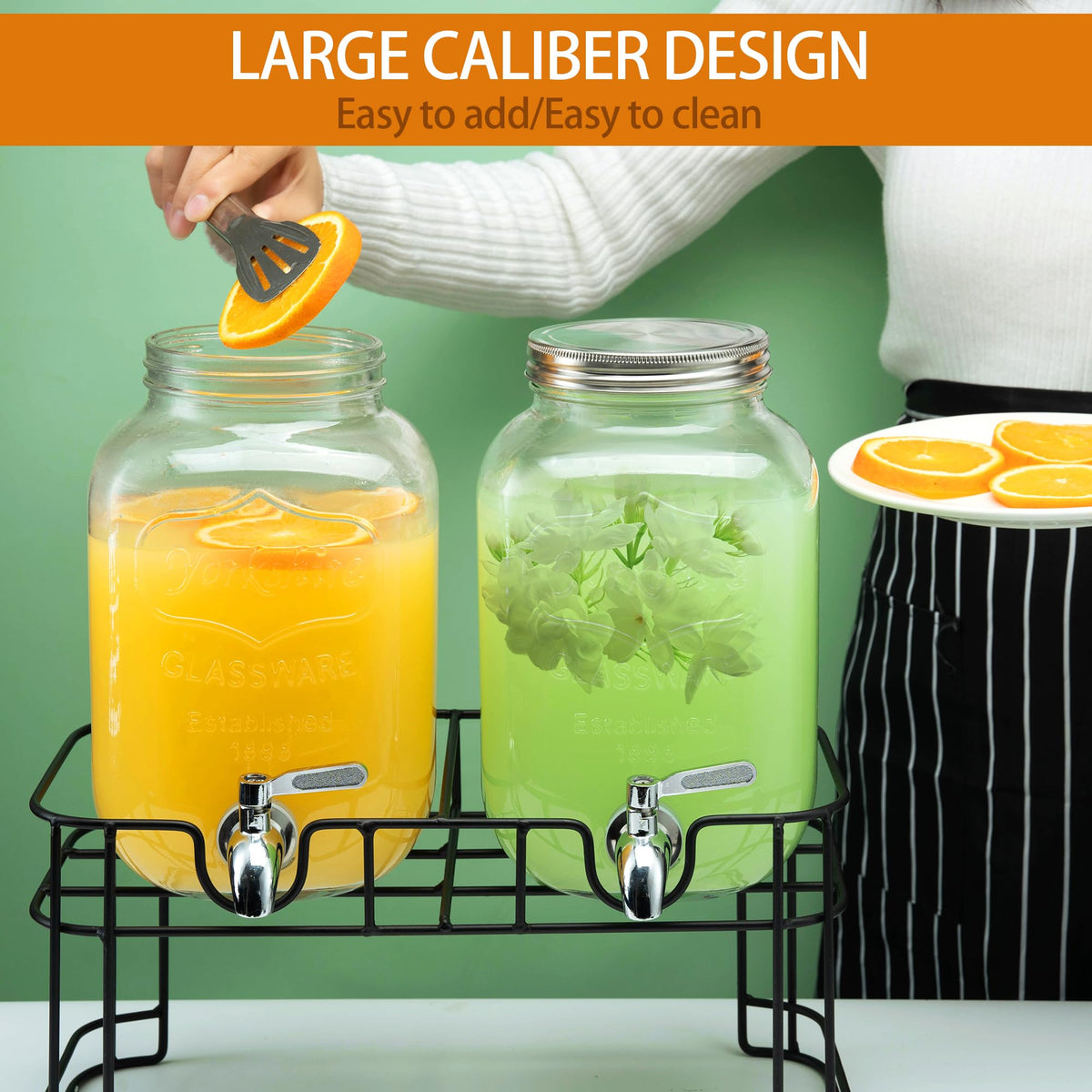 1 Gallon Glass Beverage Dispenser with Stand, Ice Cylinder and Stainless Steel Spigot, 2 Pack G94256
