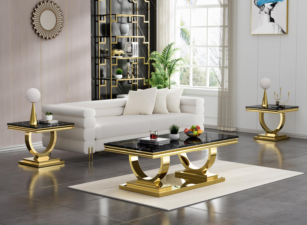 47" Black Faux Marble Coffee Table with Gold Pedestal Base T1499