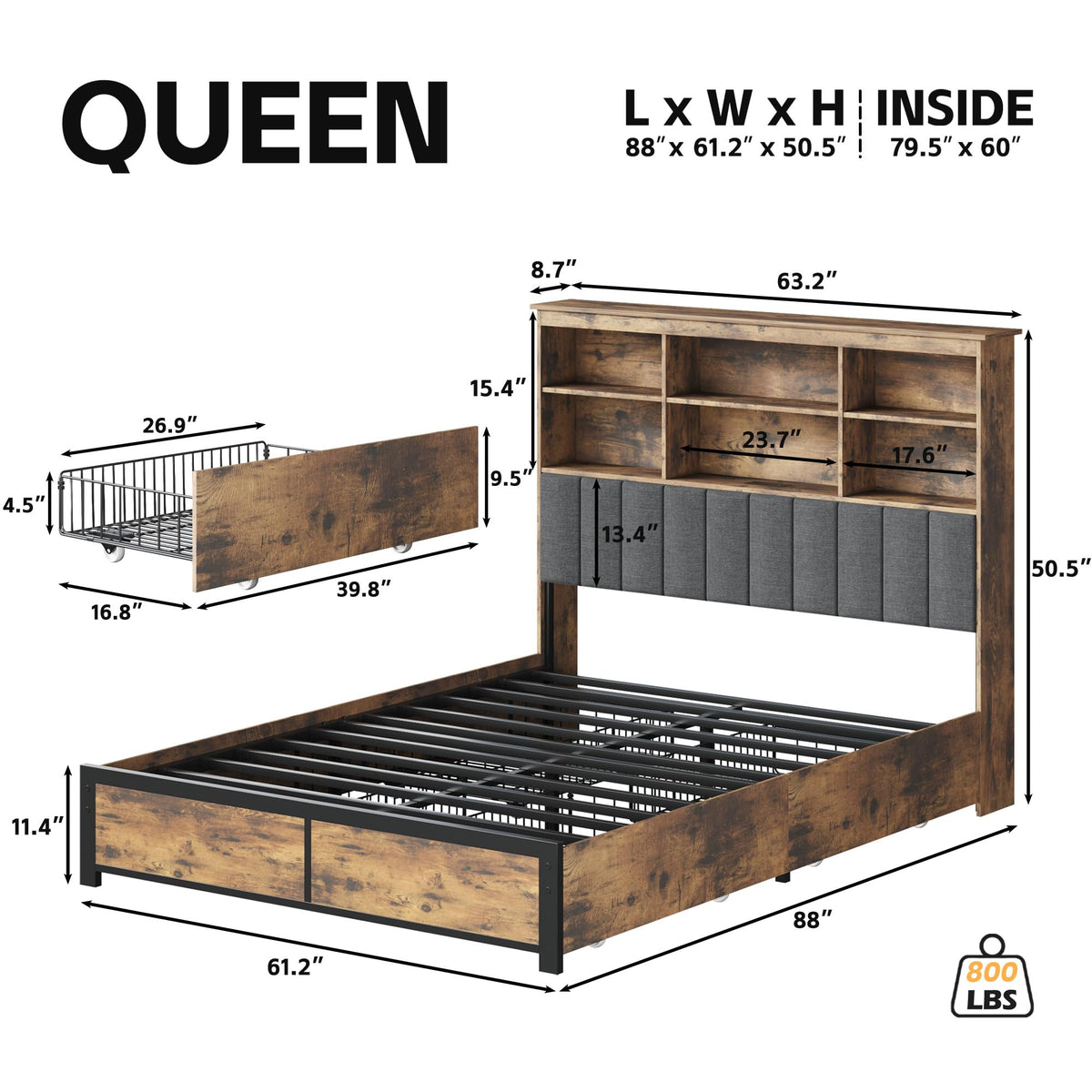 Queen Bed Frame with Headboard, Wood Bed Frame with Storage O2269