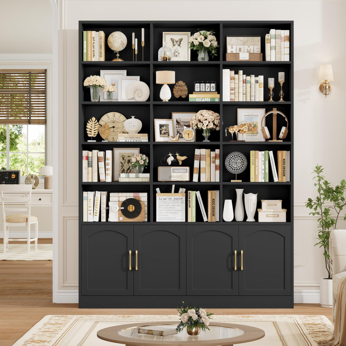 82.3" Triple Wide Bookshelf with 4 Doors, Black N24152