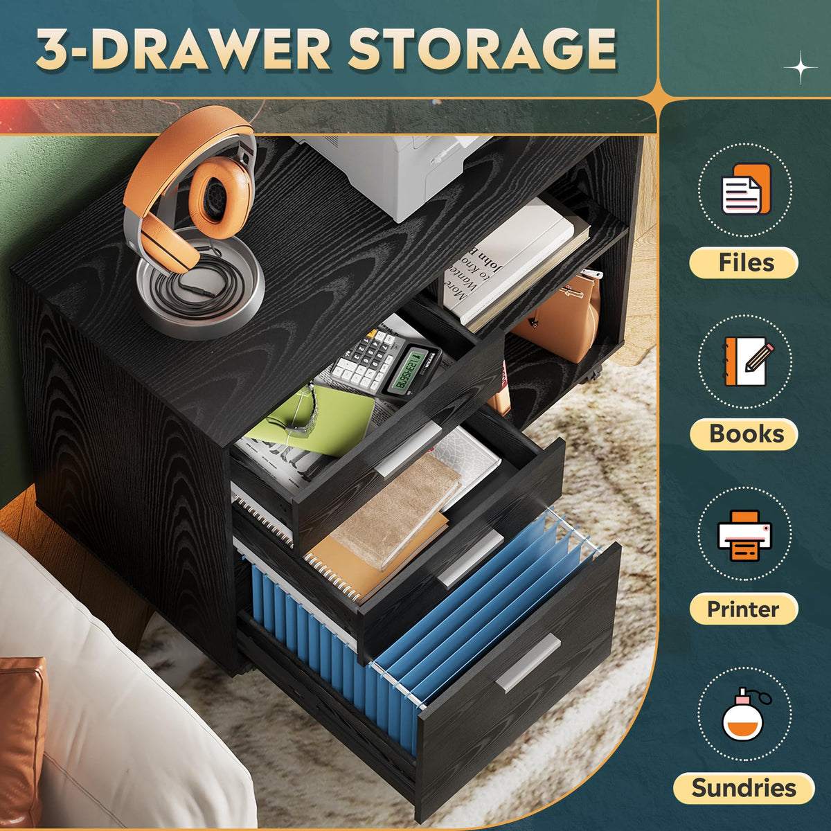 Wood 3 Drawer Black File Cabinet R266962