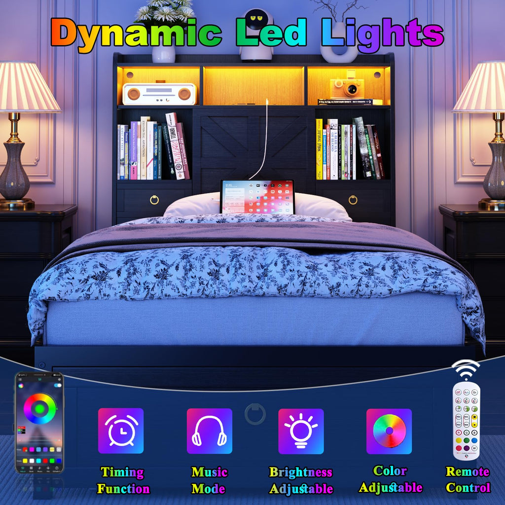 Black Twin Bed Frame with Storage Headboard and Drawers W4843