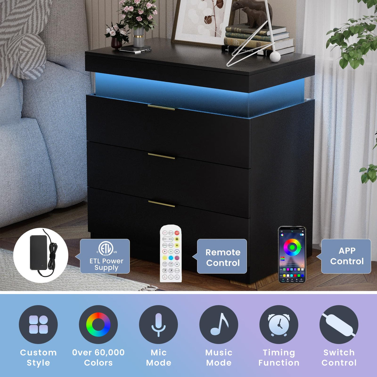 LED Smart Nightstand with Charging Station & RGB Lights D41223