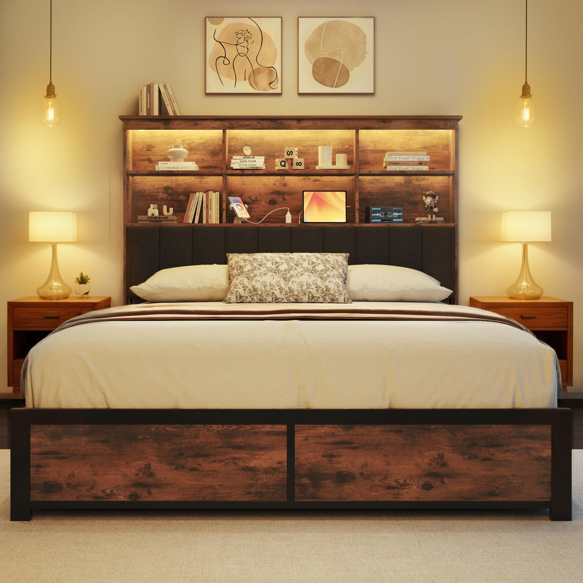 Queen Bed Frame with Headboard, Wood Bed Frame with Storage O2269