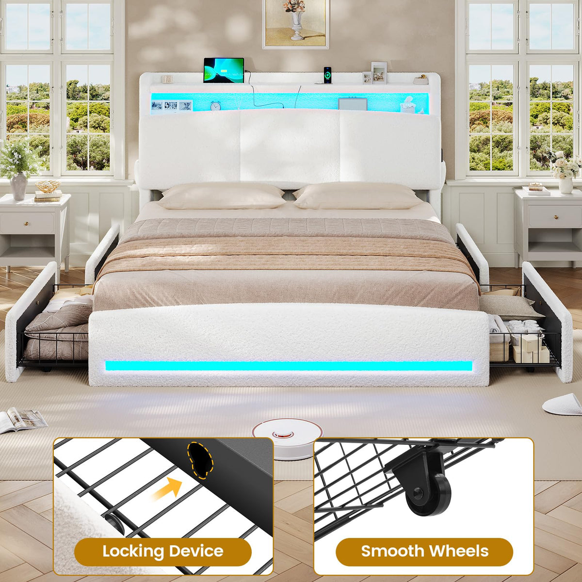 Full Bed Frame with Storage Headboard and Charging Station V309