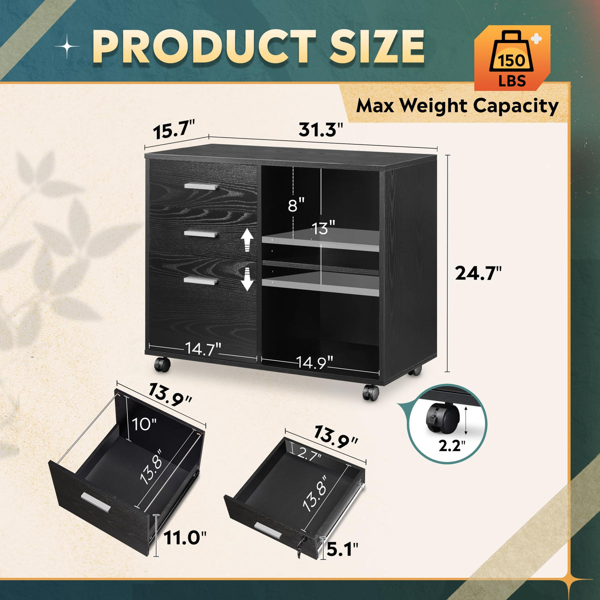 Wood 3 Drawer Black File Cabinet R266962