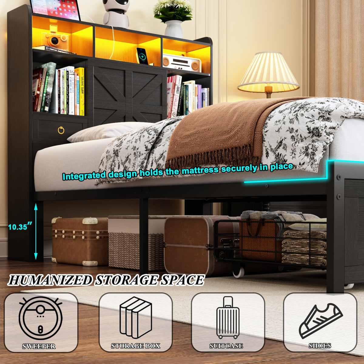 Black Twin Bed Frame with Storage Headboard and Drawers W4843