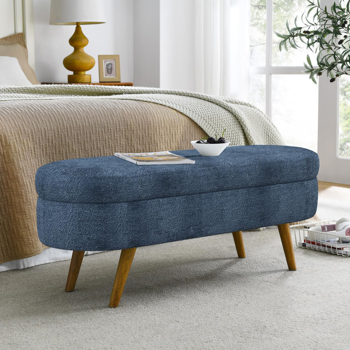 Oval Storage Bench with Rubber Wood Legs Y923