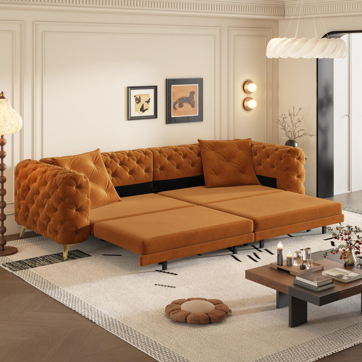 Orange Velvet 4-Seater Convertible Sleeper Sofa with Ottoman G765