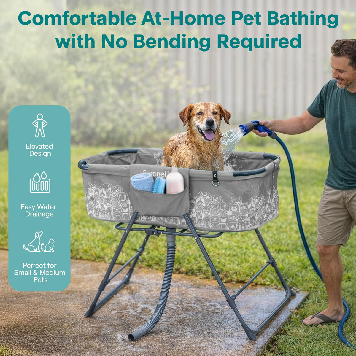 Foldable Dog Bath Tub with Drain Hose, 130 lb Capacity, Gray L571