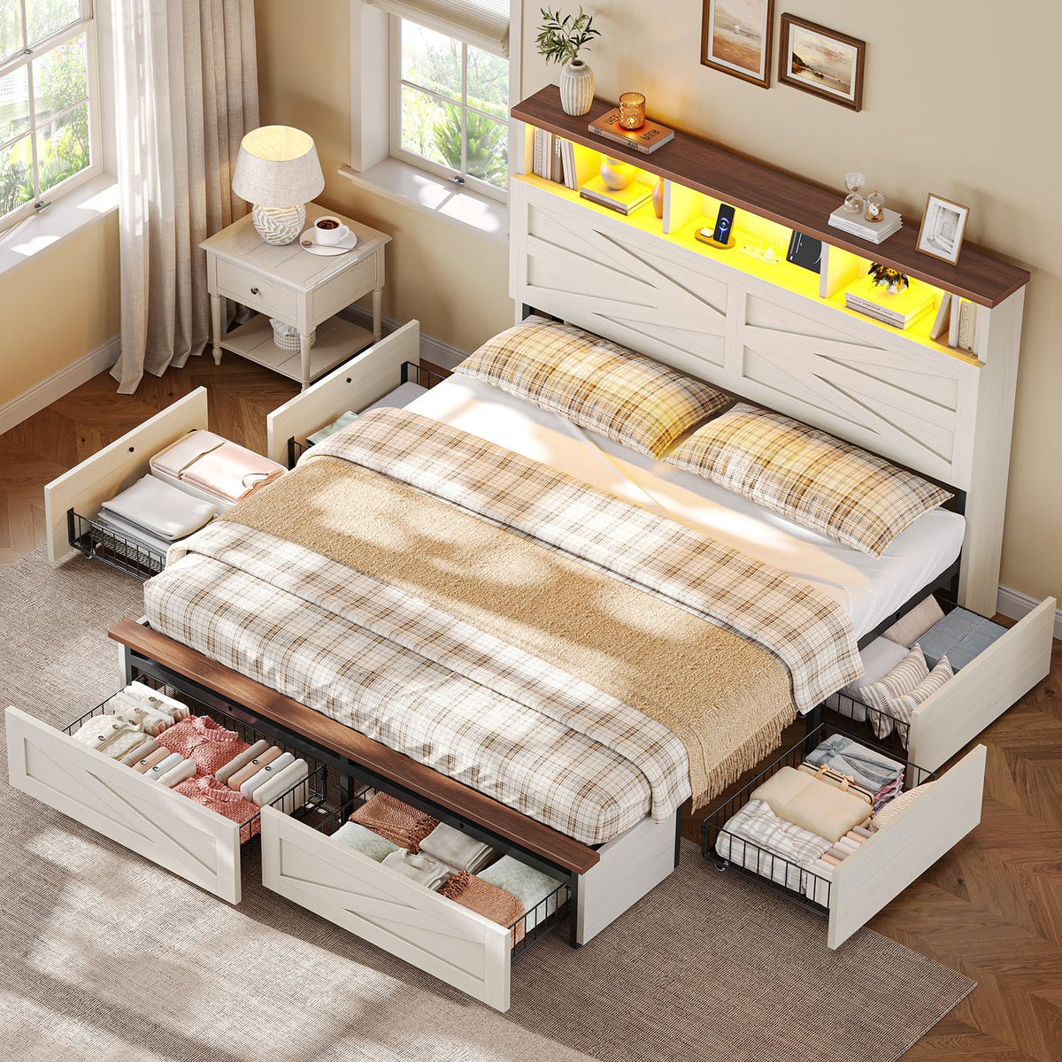 White Full Size Wood Bed Frame with 6 Drawers C150394