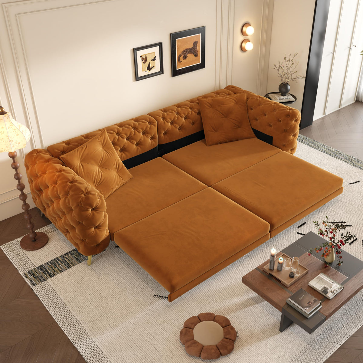 Orange Velvet 4-Seater Convertible Sleeper Sofa with Ottoman G765
