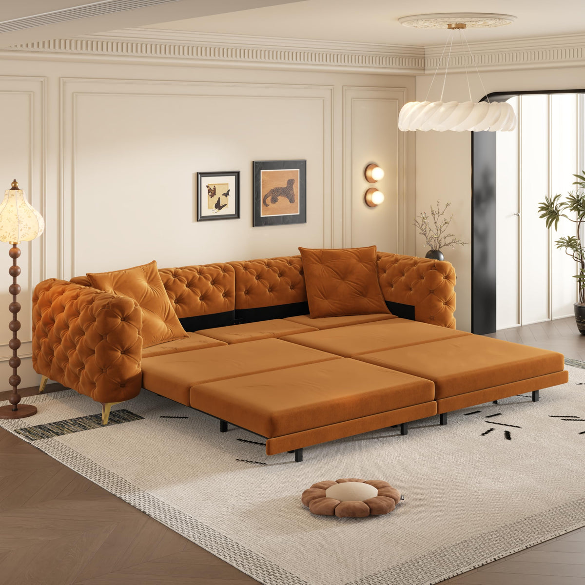 Orange Velvet 4-Seater Convertible Sleeper Sofa with Ottoman G765
