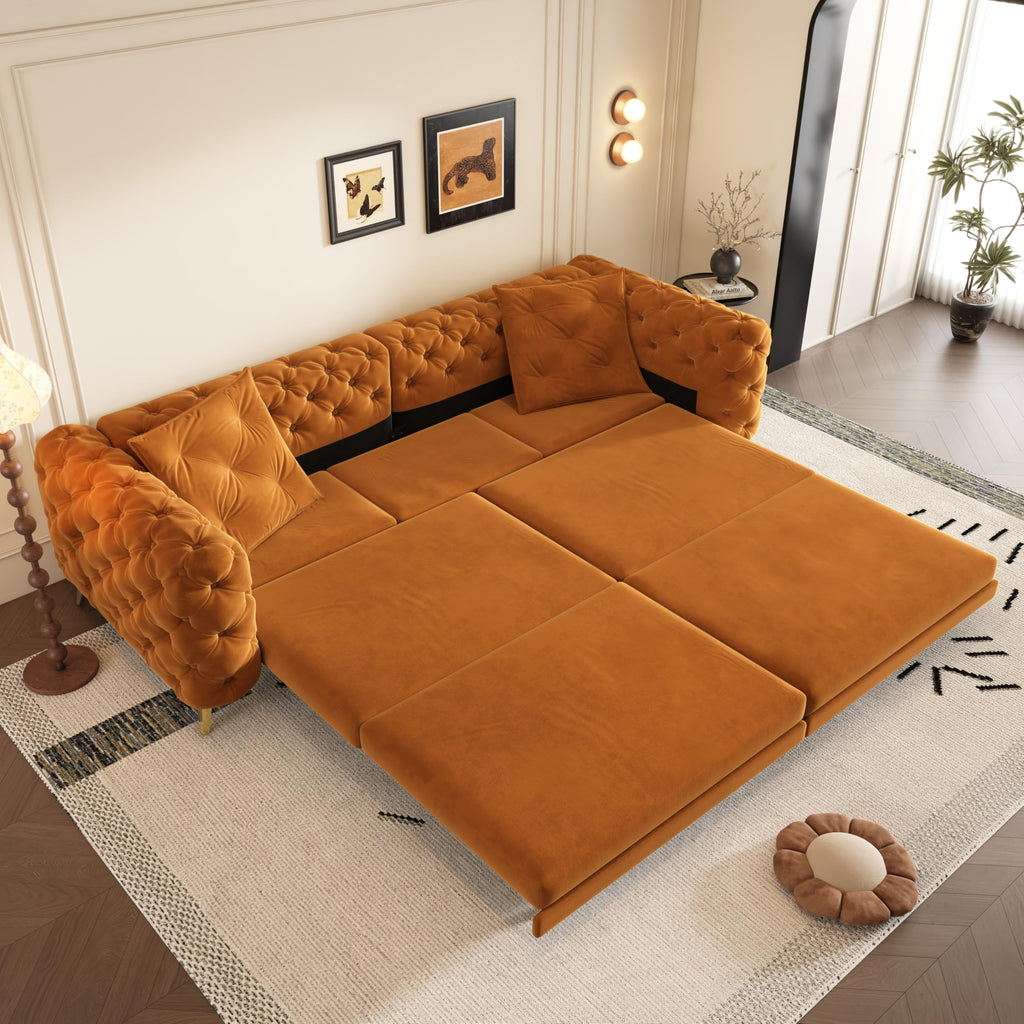 Orange Velvet 4-Seater Convertible Sleeper Sofa with Ottoman G765