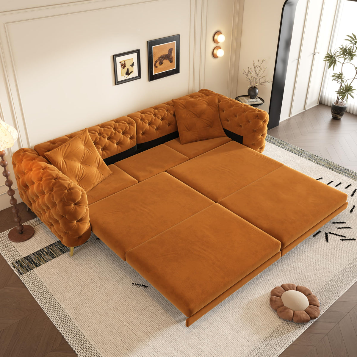 Orange Velvet 4-Seater Convertible Sleeper Sofa with Ottoman G765