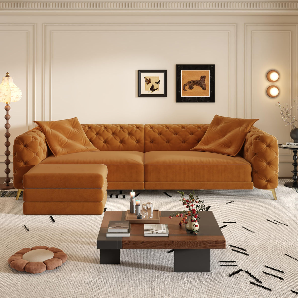 Orange Velvet 4-Seater Convertible Sleeper Sofa with Ottoman G765